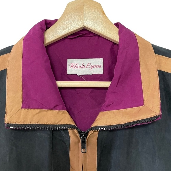 90S VINTAGE SILK Black Purple Tan Aztec Western Tribal Print Boho Windbreaker - Picture 2 of 6